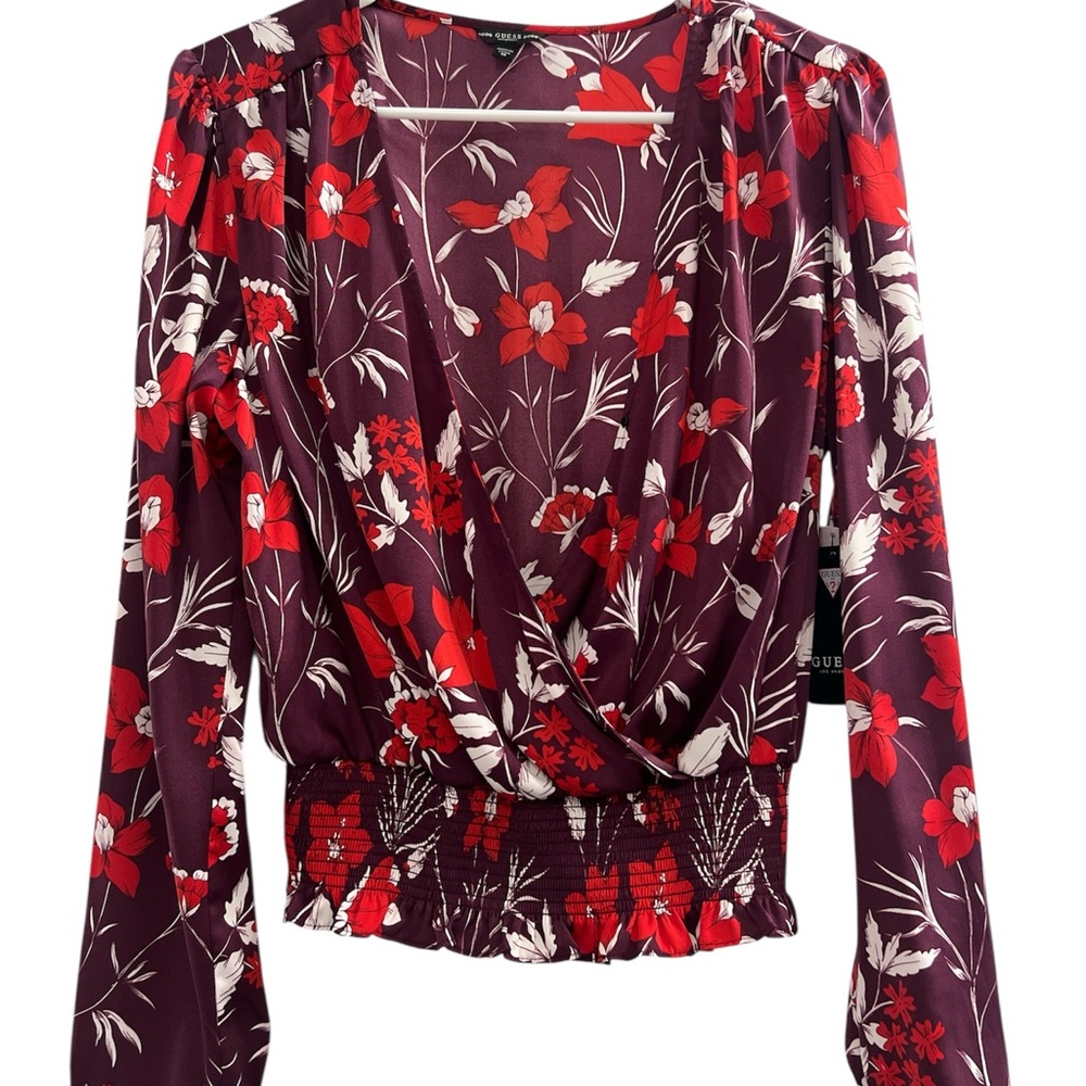Guess Red Wrap Blouse Long Sleeve Fitted